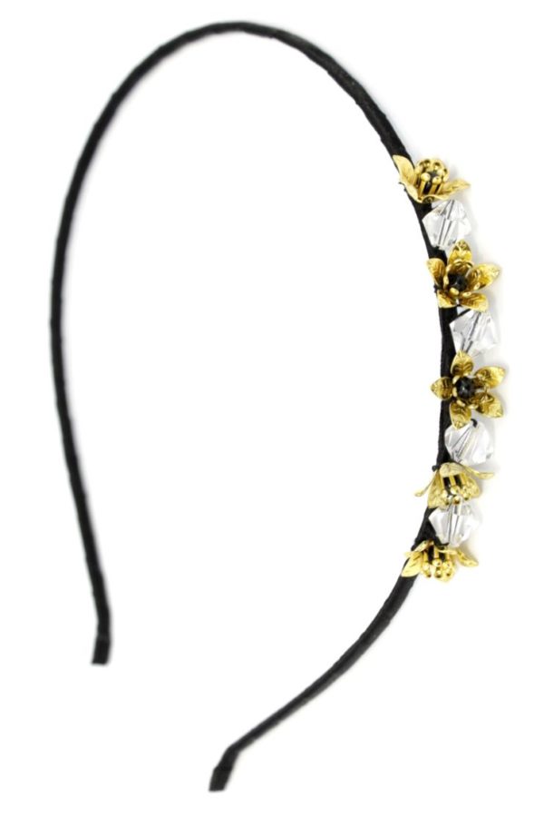 cienka, minimalistyczna opaska z kwiatami i kryształkami