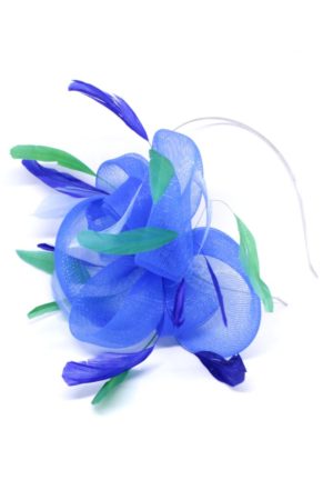 Opaska z kwiatem niebieskim z piórami krynolina fascynator