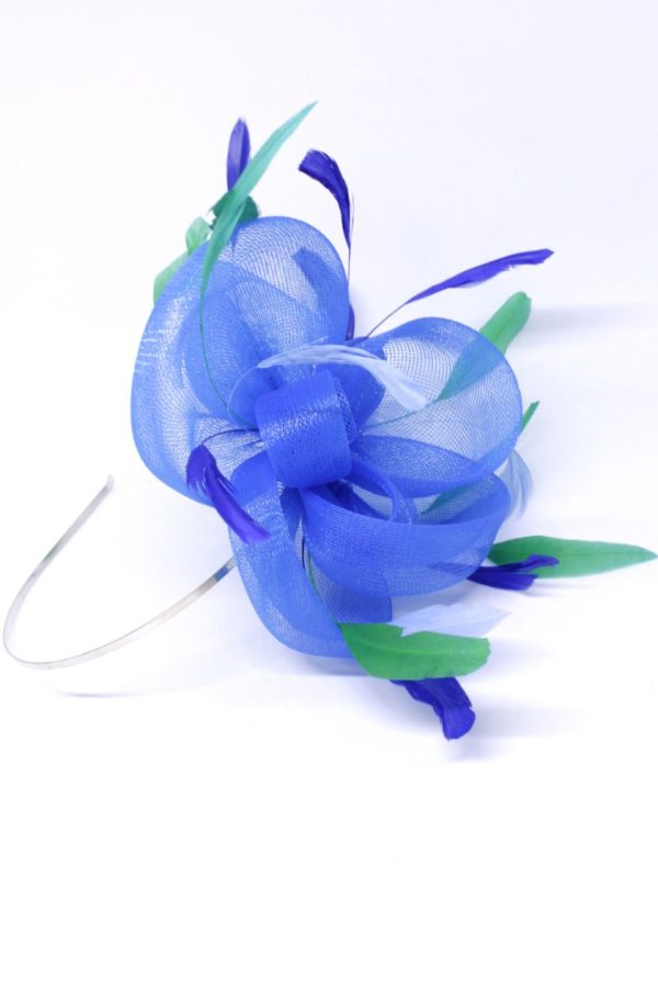 Opaska z kwiatem niebieskim z piórami krynolina fascynator